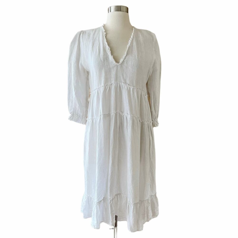 CLAUDE TULUM Natural Dress Tiered Cotton V-Neck Flounce 3/4 Sleeves White Medium - Picture 4 of 15